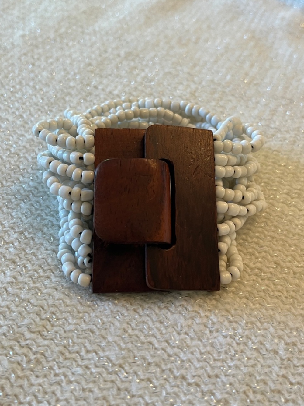 White Beaded Bracelet with Brown Wood Accent